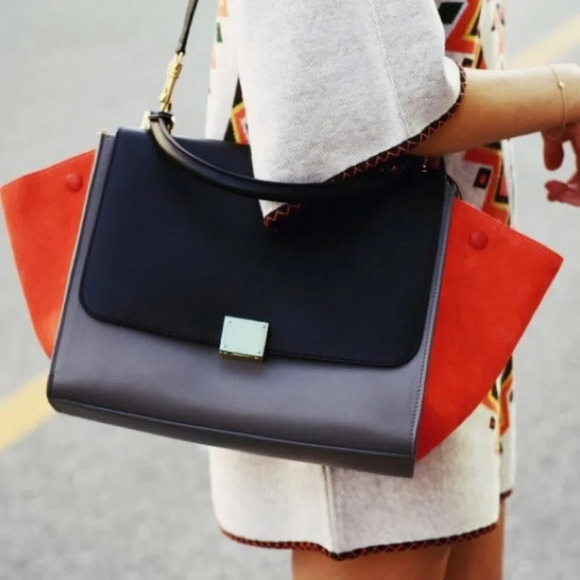 Celine Trapeze Leather Tricolor Red Grey Pebbled Medium Convertible Bag - Picture 16 of 16